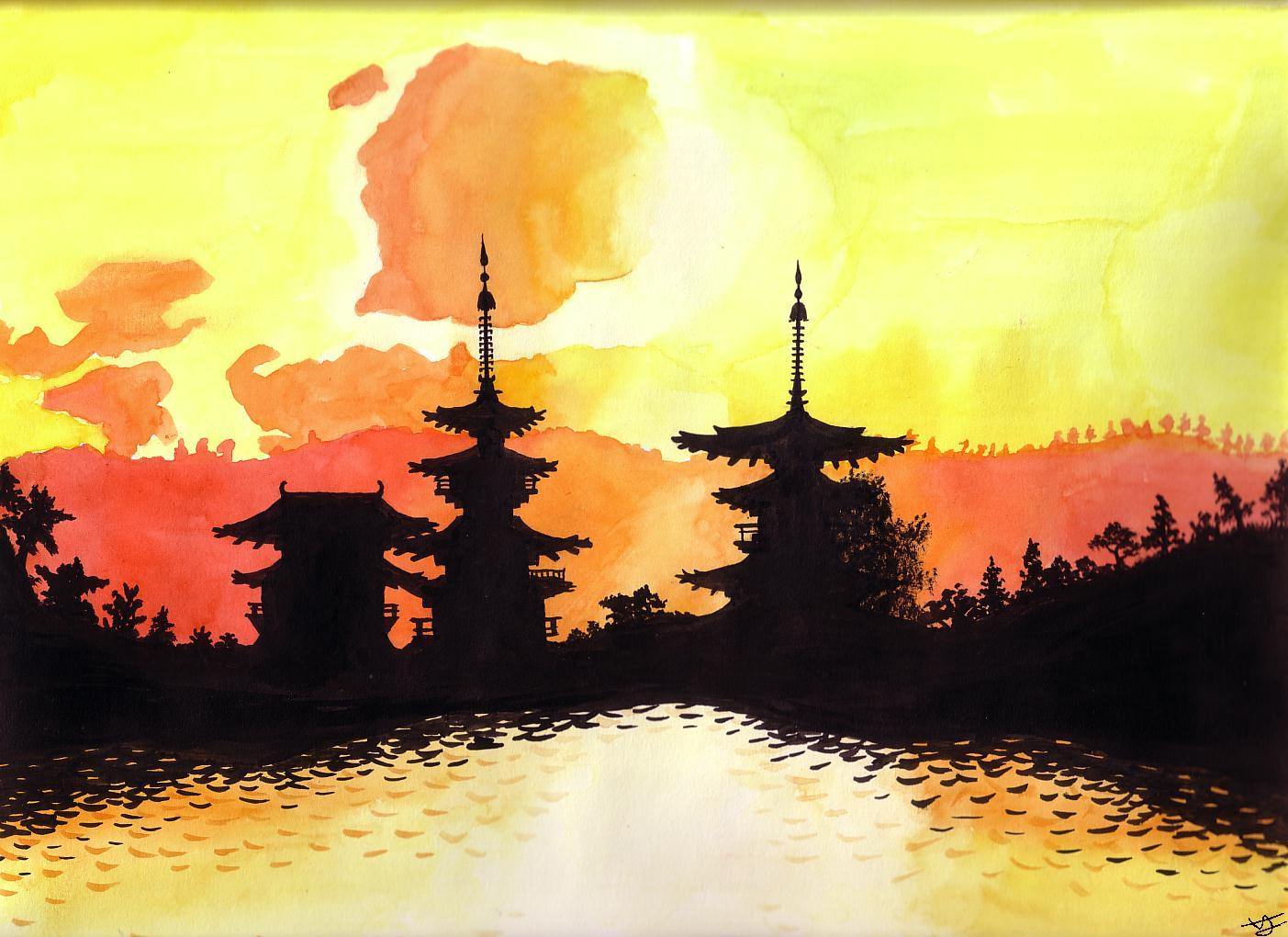Paysages Divers coucher de soleil sur les monuments de Nara