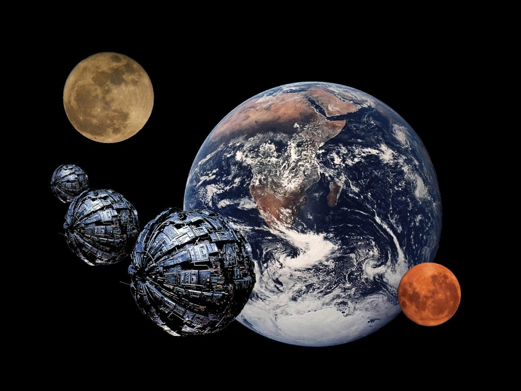 Paysages Futuristes terre, lunes & vaisseaux-boules